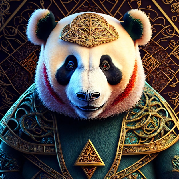 A panda with a gold crown and a gold chain around his neck.