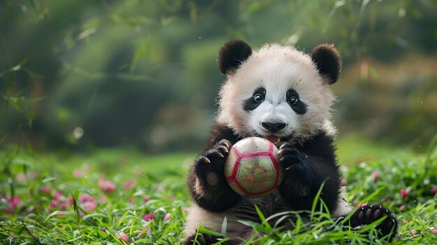 Photo a panda with a red nose holds a ball in its paws