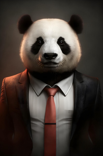 A panda with a red tie and a shirt that says'panda '