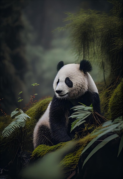 Panda with a serene expression at peace in its surroundings generative ai