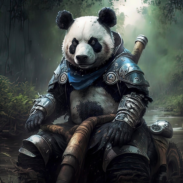 A panda with a sword and armor on