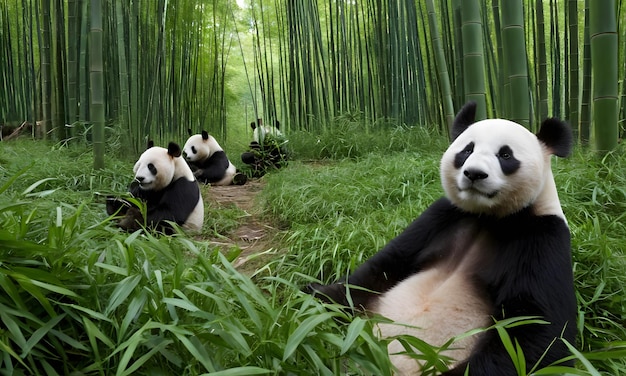 Photo pandas are sitting in the bamboo forest and one has a bamboo forest behind them