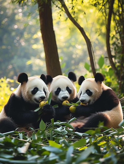 Photo pandas eating leaves in a forest with trees and bushes