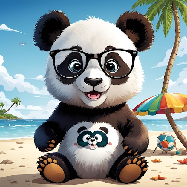 Pandas summer vacations Cute Asian bear on a lifebuoy with seashells and palms