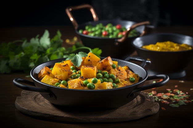 Photo paneer and peas curry with a side of spicy mango chu