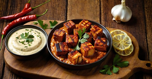 Photo paneer tikka is appetizer made with cubes of paneer and veggies marinated with yogurt and spices