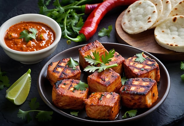 Photo paneer tikka is appetizer made with cubes of paneer and veggies marinated with yogurt and spices