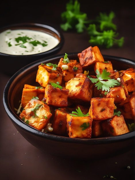 Photo paneer tikka is popular appetizer made with cubes of paneer and veggies marinated with yogurt and spices