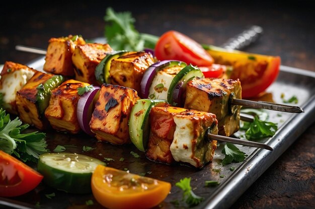 Paneer tikka on metal skewers with vegetables