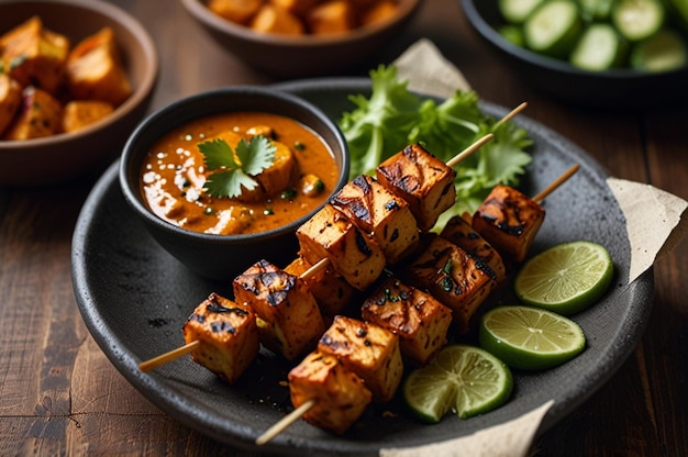 Paneer tikka skewers served with a drizzle of tangy sa