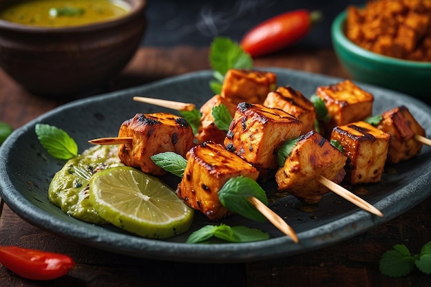 Paneer tikka skewers served with a side of spicy mint