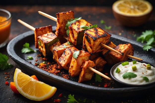 Paneer tikka skewers served with a sprinkle of garam m