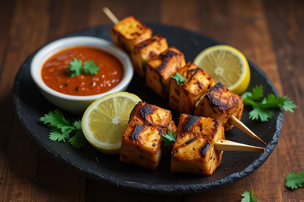 Paneer tikka with lemon wedges