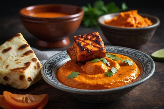 Paneer tikka with a side of carrot ginger dip