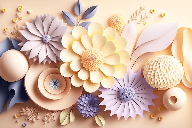 Panel of 3d rendering paper flowers with beaful decor in pastel colors generative ai