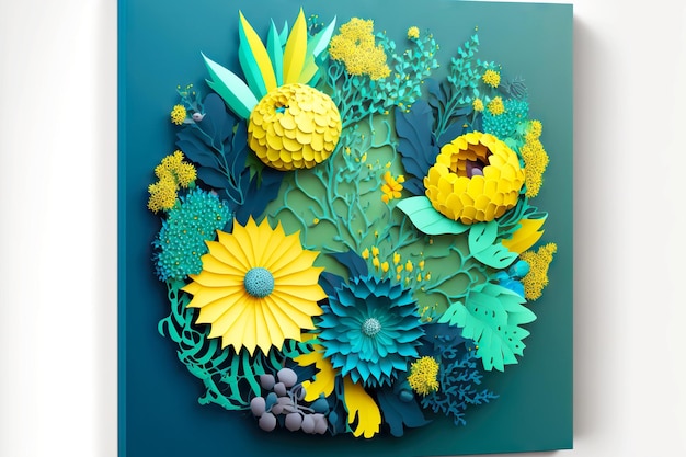 Panel with bright summer bouquet of yellow and green blue 3d rendering paper flowers generative ai