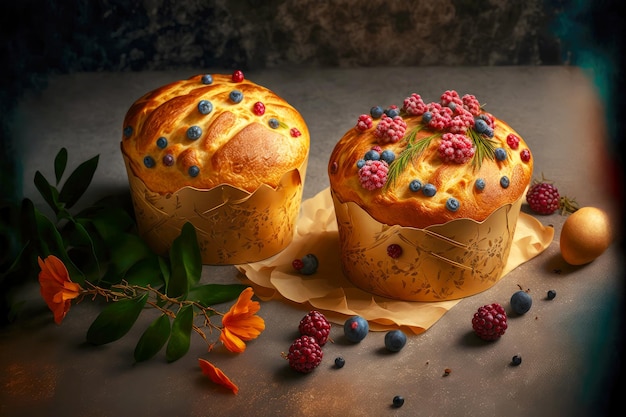 Panettone loafs with sprigs and berries on marble background