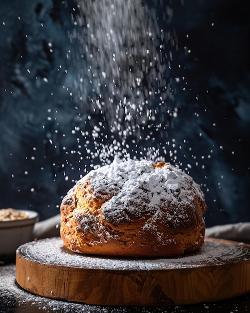 A panettone with powder sugar being sprinkled on it dark background food photography minimalistic