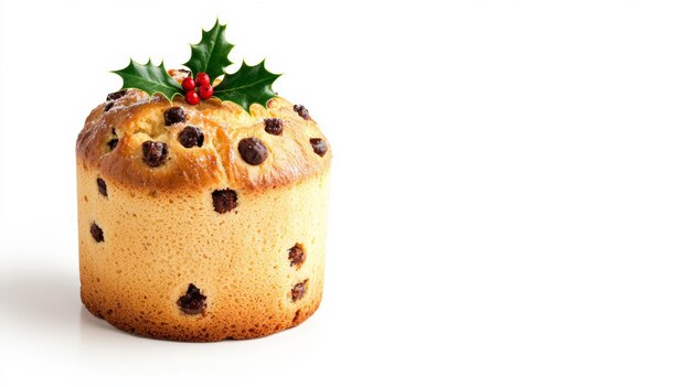 Photo panettone with a sprig of holly festive holiday touch isolated on a white background