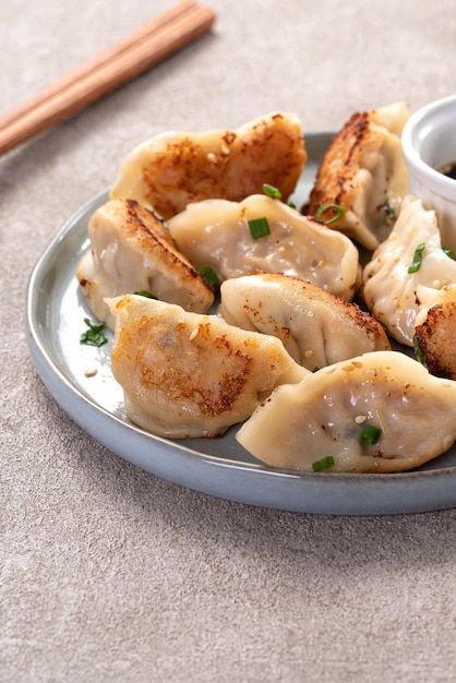 Panfried gyoza dumpling jiaozi in a plate with soy sauce on gray table background