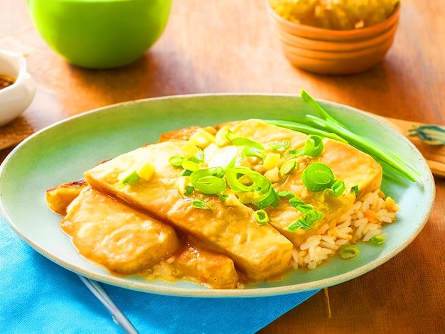 panfried luncheon meat cubes on omelets on top of a rustic shallow bowl of rice