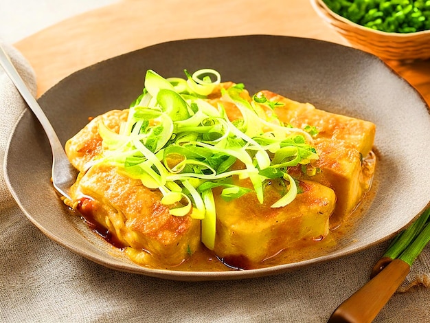 panfried luncheon meat cubes on omelets on top of a rustic shallow bowl of rice