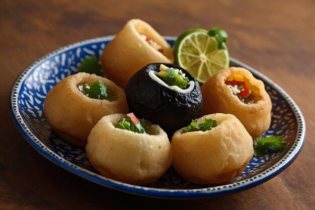 Pani puri arranged artistically on a ceramic plate