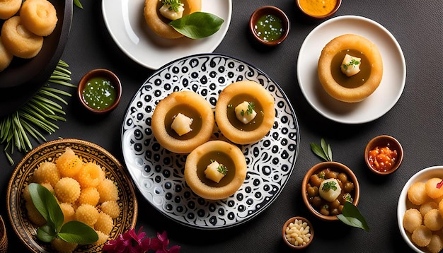 Pani puri arranged in a decorative pattern on a plate