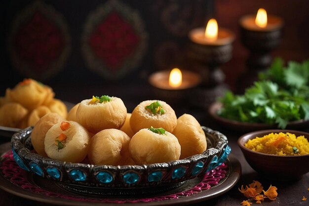 Pani puri arranged neatly on a decorative serving dish