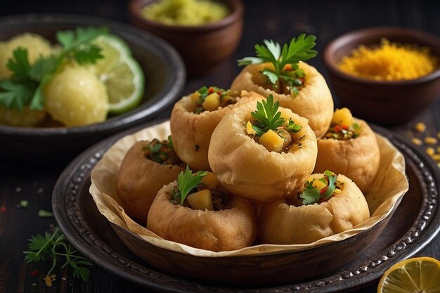 Pani puri filled with spiced potato mixture and garnis