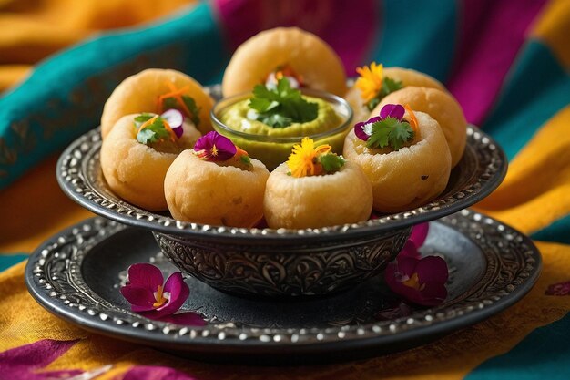 Pani puri served on a decorative platter with colorful