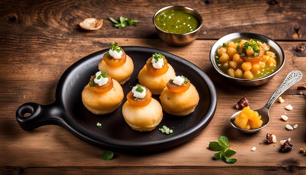 Pani puri served on a rustic wooden board with fresh g