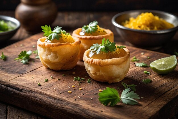 Pani puri served on a rustic wooden board with fresh h