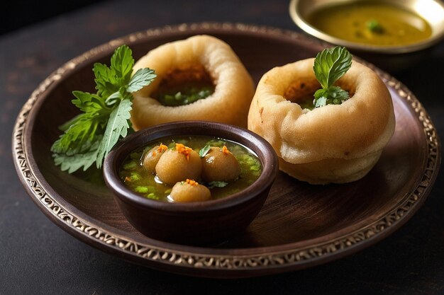 Pani puri served with a side of tamarind and mint chut