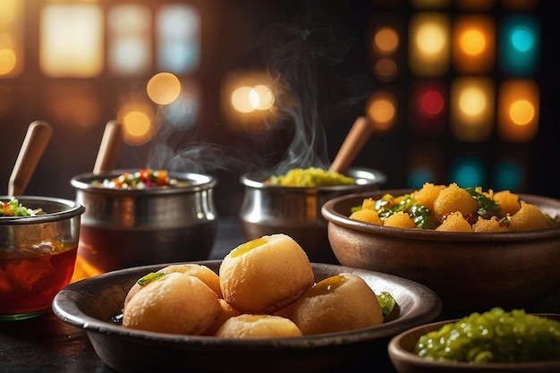 Pani puri with colorful chutneys and spicy water