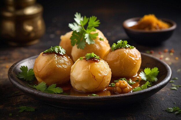 Pani puri with a drizzle of tamarind sauce and garnish