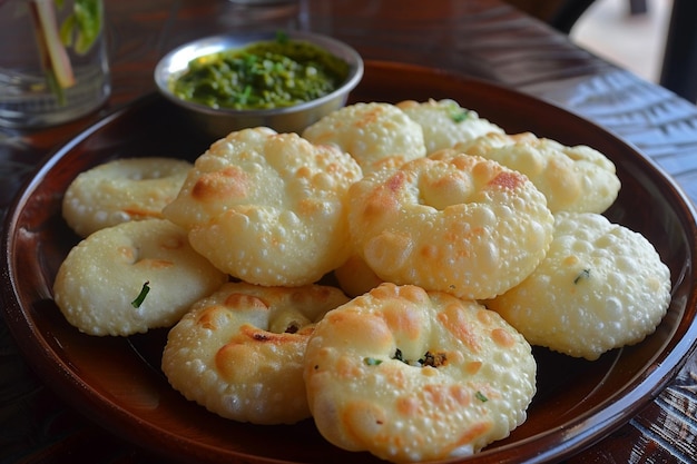 Pani puri with a side of spicy green chutney and tamar