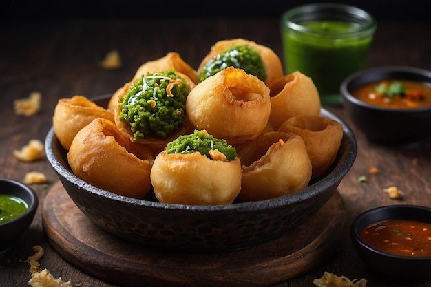 Pani puri with a side of spicy green chutney and tamar