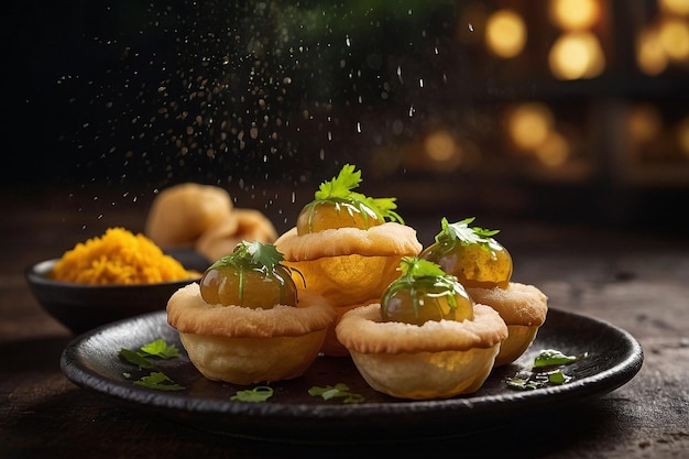 Pani puri with a side of tangy tamarind and spicy gree