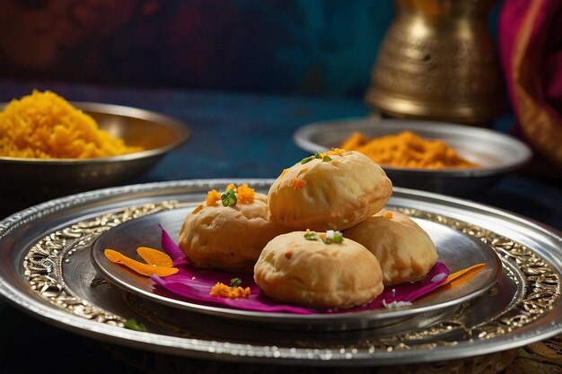 Pani puris placed on a traditional Indian thali