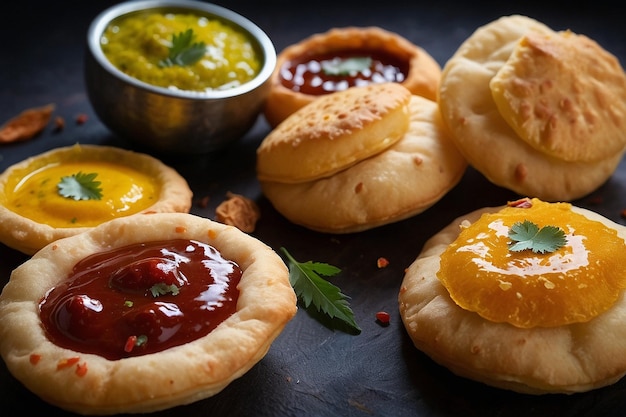 Pani Puris with Colorful Chutneys Around