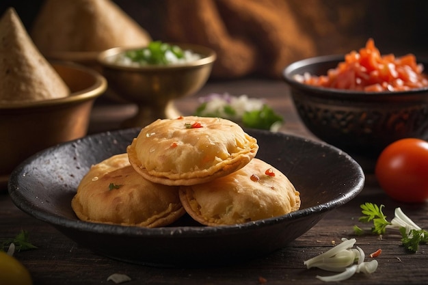 Pani puris with a side of chopped tomatoes and onions