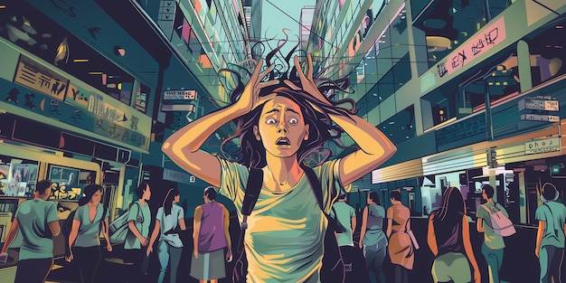 Panic attack in public place Woman having panic disorder in city Psychology solitude fear or mental health problems concept Depressed sad person surrounded by people walking in busy street