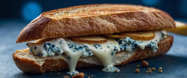 A Panini sandwich filled with blue cheese and pear slices presented under a cool blue light to highlight the unique combination of flavors