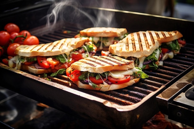 Panini sandwiches being served alongside a bowl of soup or salad