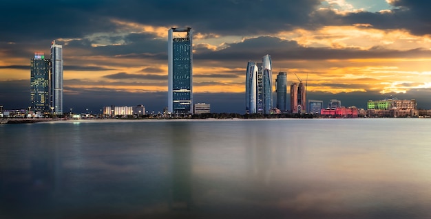 Panorama of Abu Dhabi at night, capital of United Arab Emirates