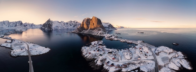 Panorama aerial view of archipelago of arctic ocean with fishing village in winter