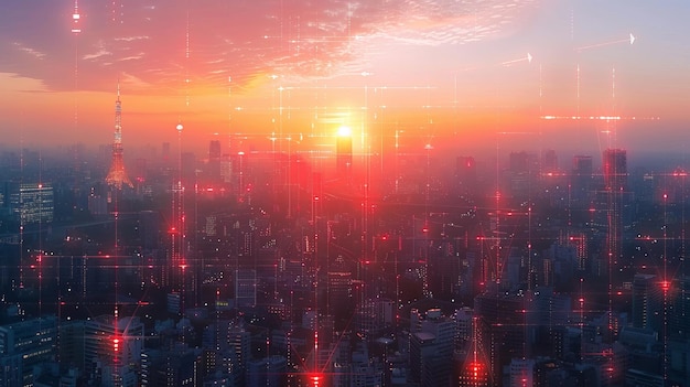 Panorama aerial view in the cityscape skyline with smart services and icons internet of things networks and augmented reality concept early morning sunrise scene