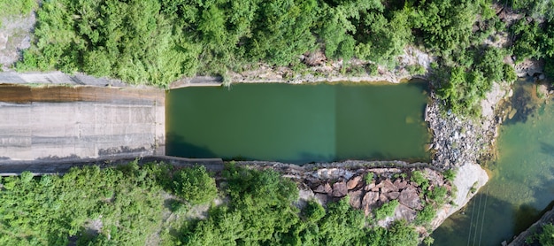 PANORAMA Aerial view of a hydroelectric plant, Topview concrete dam Downstream Slope.