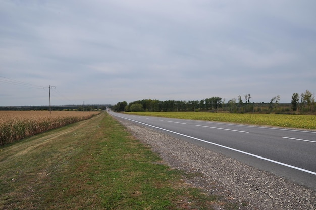 Panorama along a deserted highway. Automotive and roadside fields.